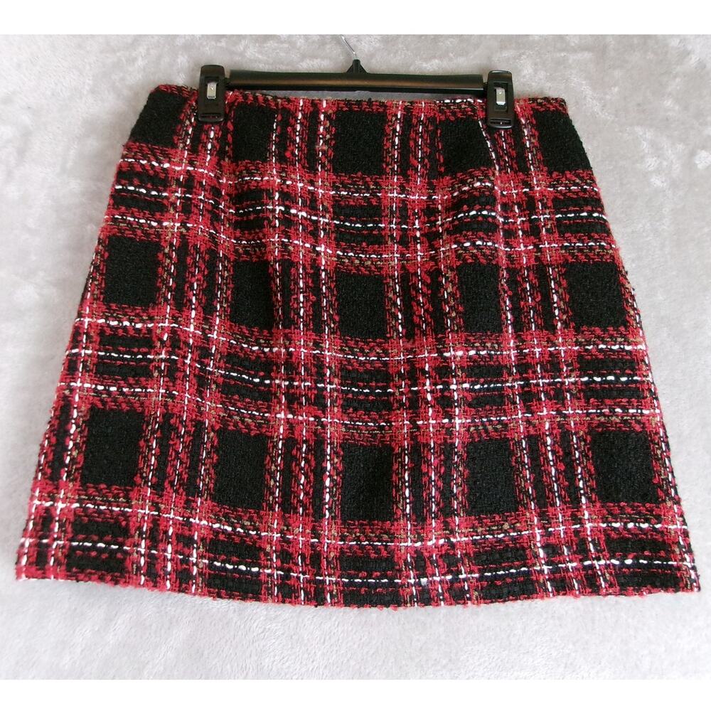 LOFT Red Black Plaid Tweed Mini Skirt Size 8 Boucle Lined